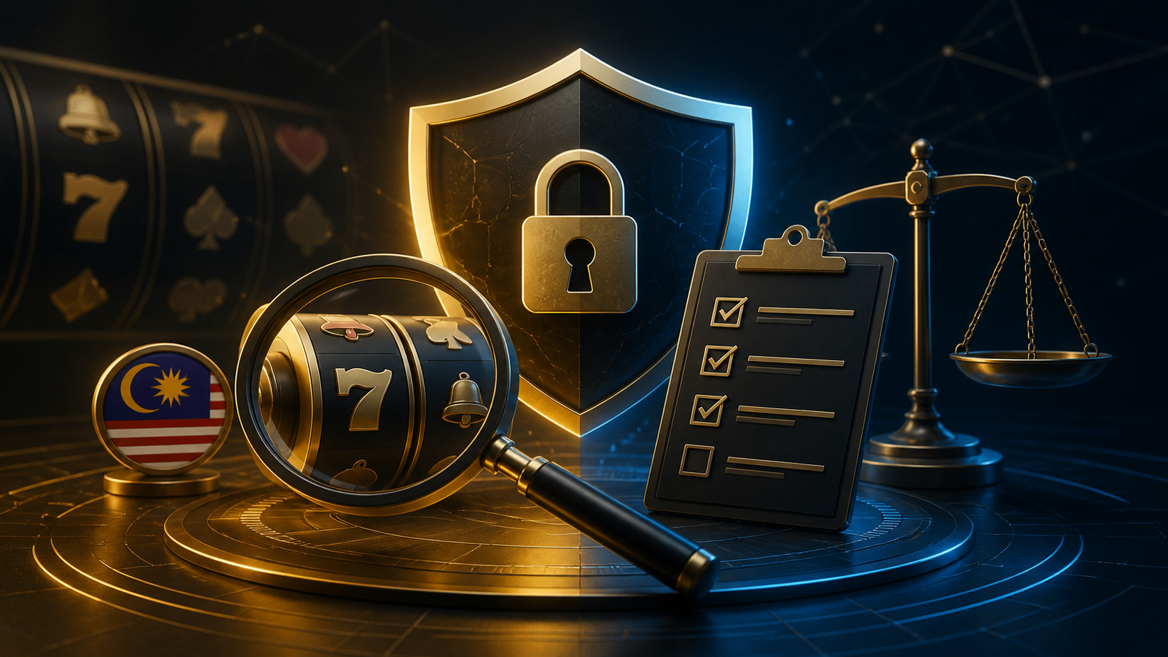 Security shield, checklist and magnifying glass reviewing an online slot platform