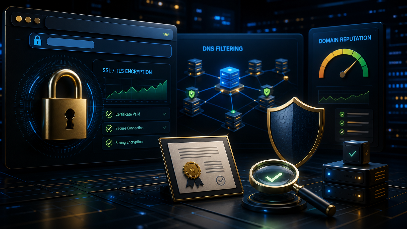 Technical dashboard reviewing encryption, DNS filtering and domain reputation