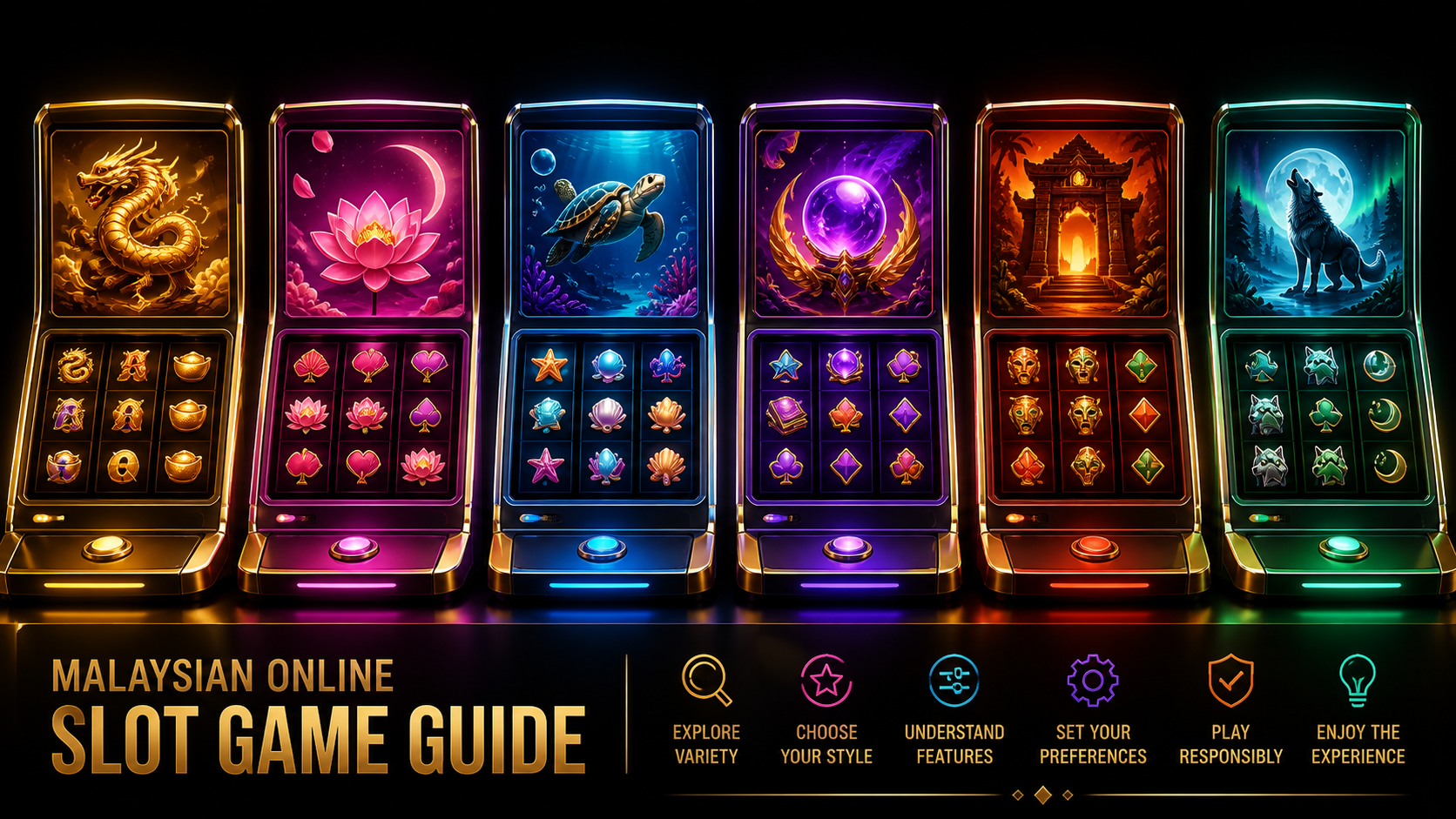 A colorful selection of online slot game cabinets