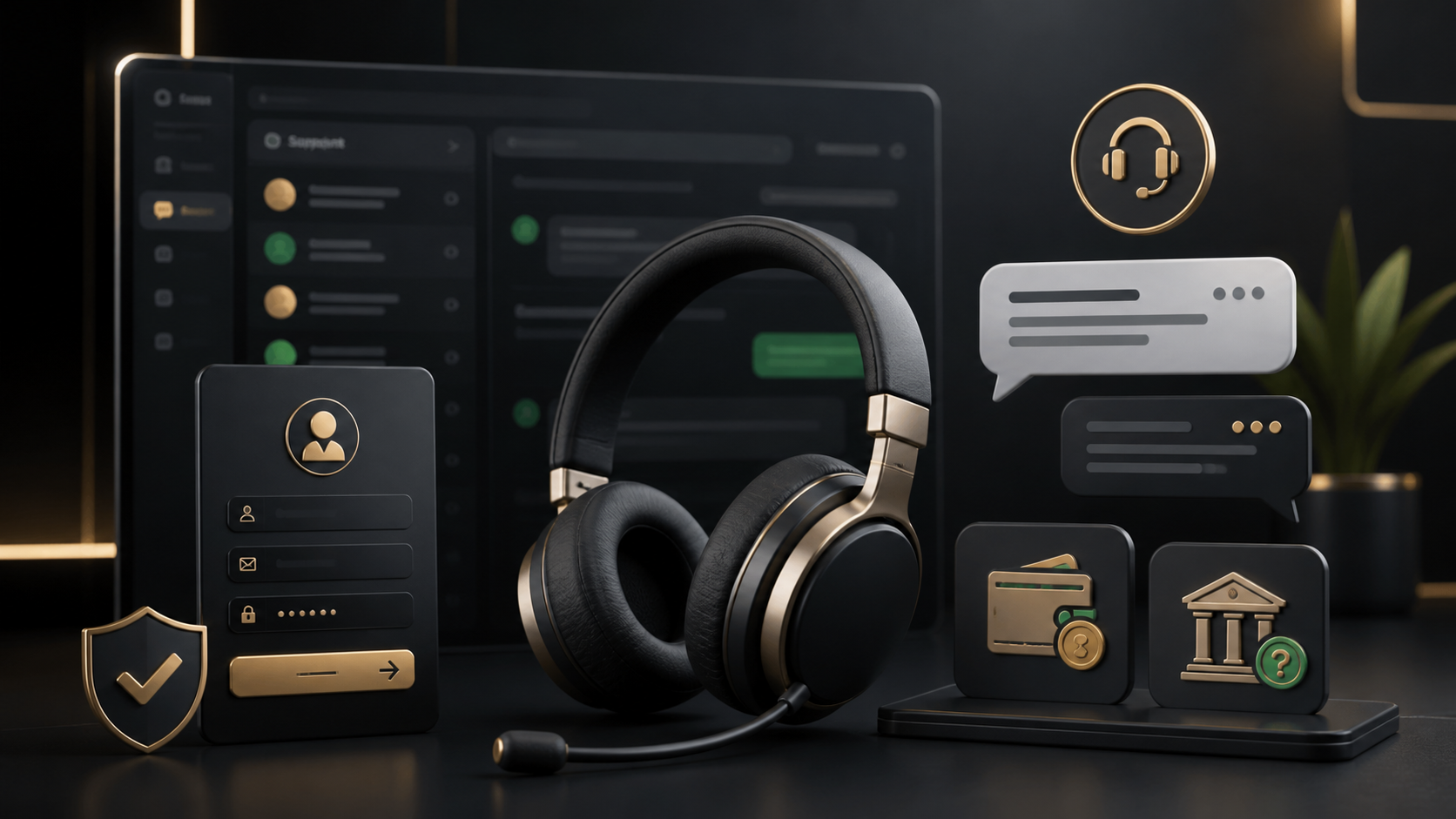Customer support headset with registration and payment help icons