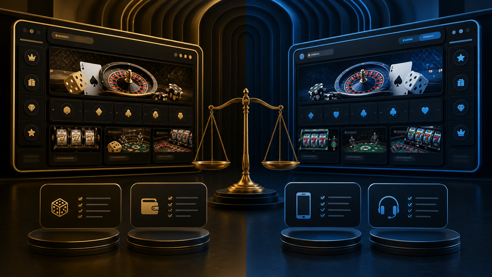 Two online gaming interfaces compared on a balanced scale